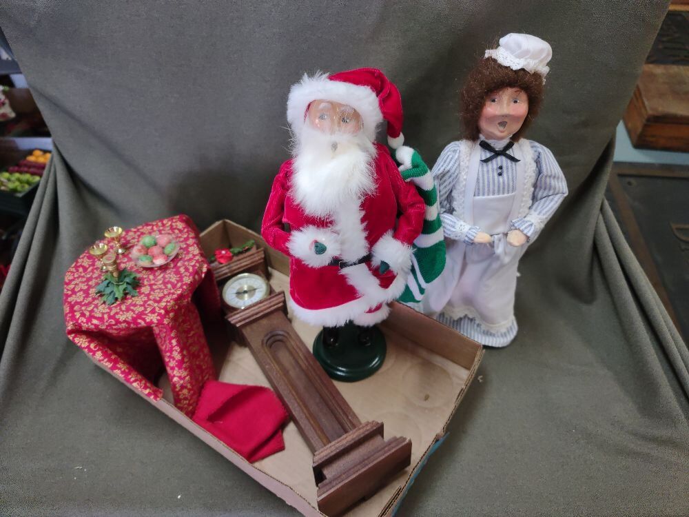 Pair of Byers' Choice Carolers with Dining Table and Grandfather Clock