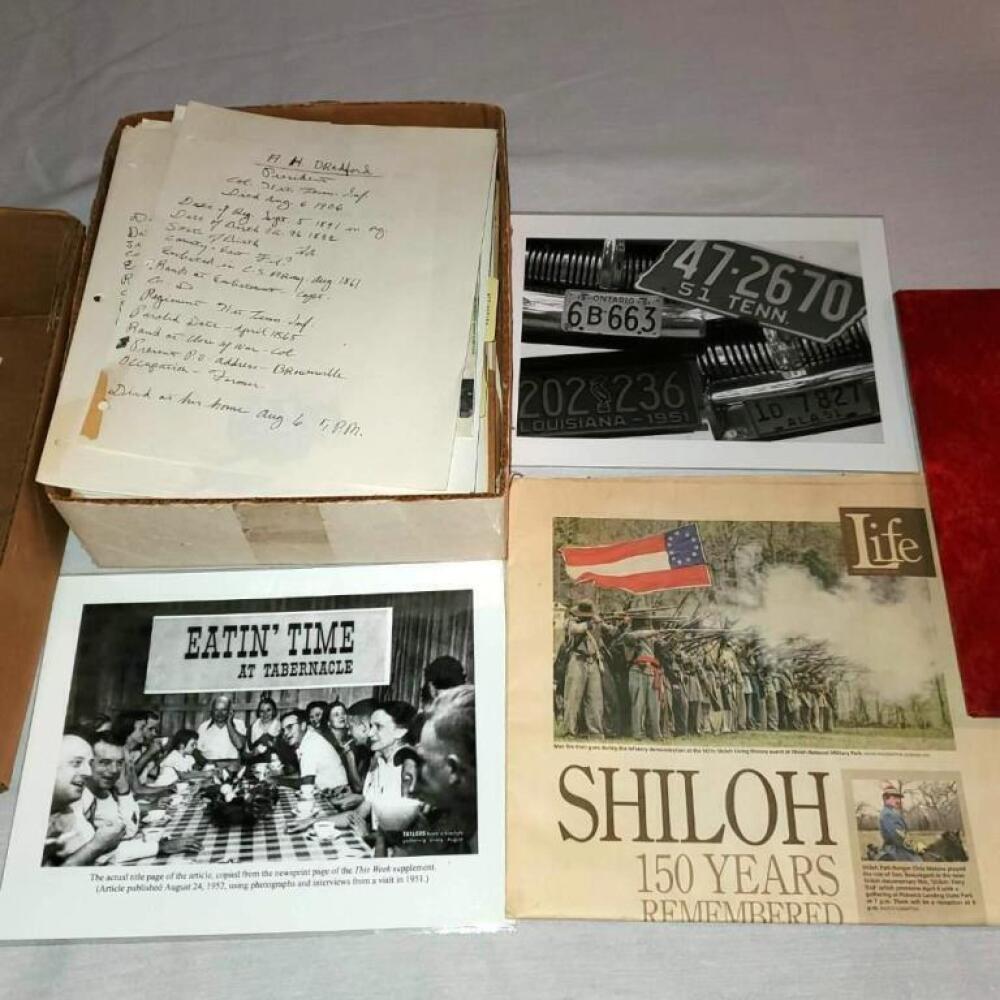 38 BOXES BY LYNN SHAW - BOXES HAVE NOT BE VERIFIED - RECEIPTS - SOME NAMES MAY NOT INDICATE INVENTORY - BOXES MADE NOT BE AS IDENTIFIED -NO ADJUSTMENTS - PICTURES - NEWSPAPER ARTICLE SHILOH - TABERNACLE TELEGRAPH - RED NOTEBOOK - BOX OF MISC. PAPERS image