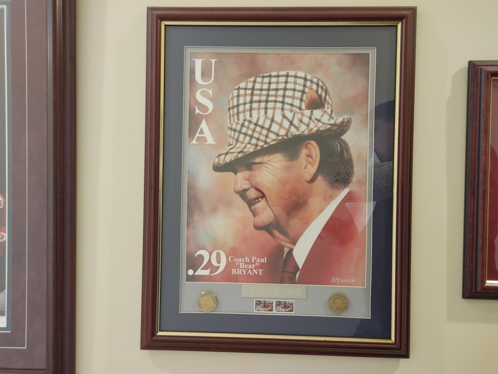 Framed & Matted .29 Cent Coach Paul "Bear" Bryant Stamp Print by Stewart (Signed & Numbered)