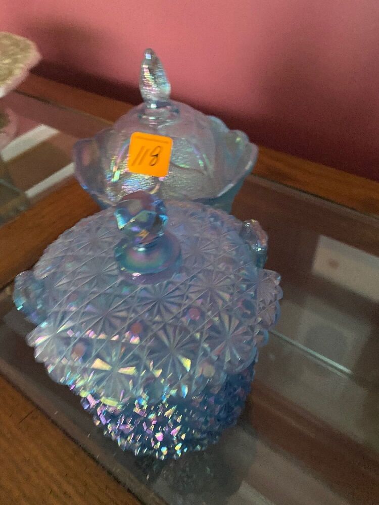 Blue Iridescent Carnival Glass Dishes with Lids