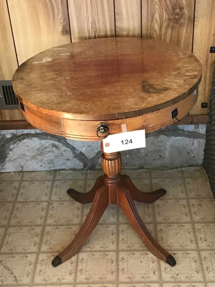 Wooden Round Pedestal Table With Drawer, 24"X27", Table Top Needs Refinishing