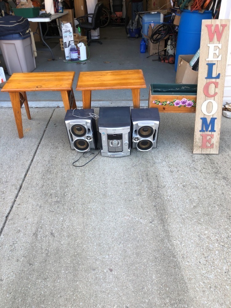 Wooden End Tables, Sony Stereo, Wooden Planter