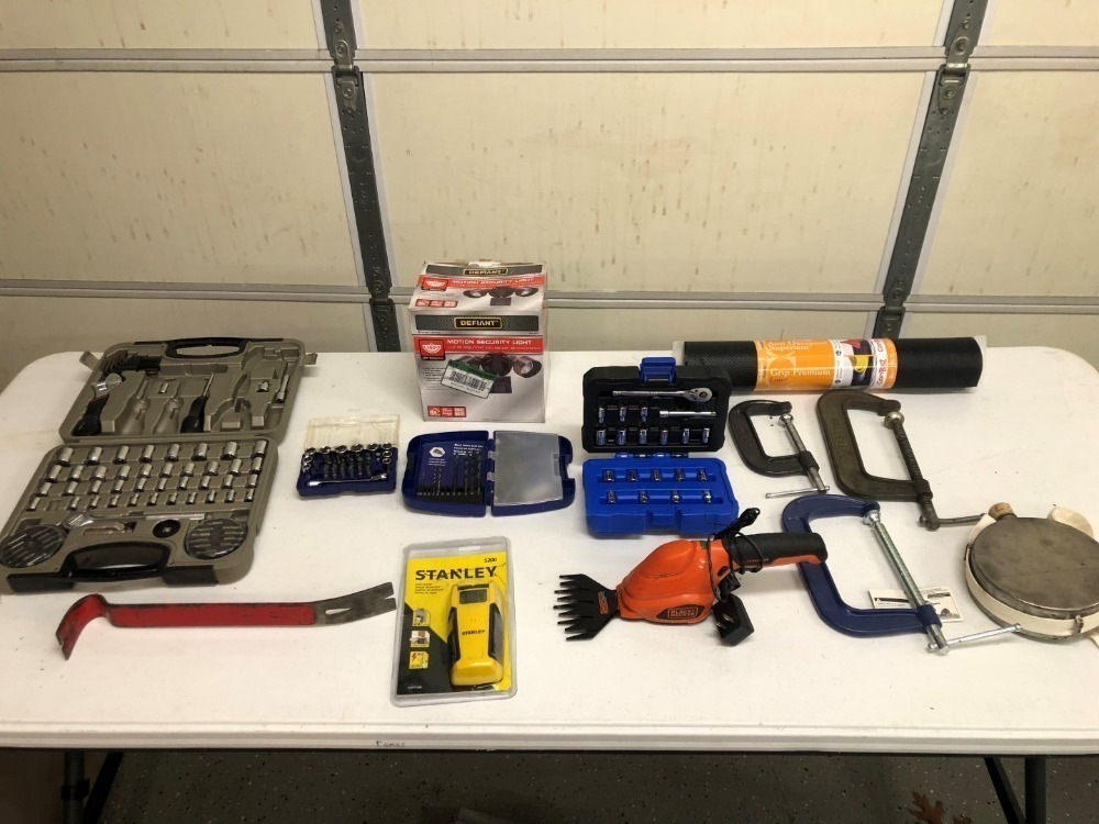 Ratchet and Socket Sets, Stud Sensor, Black and Decker Landscaping Trimmer, Clamps (Canteen not included in this lot - see Lot #107))