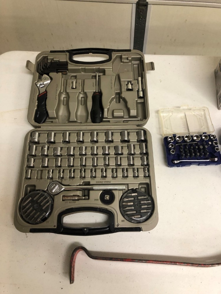Ratchet and Socket Sets, Stud Sensor, Black and Decker Landscaping Trimmer, Clamps (Canteen not included in this lot - see Lot #107))