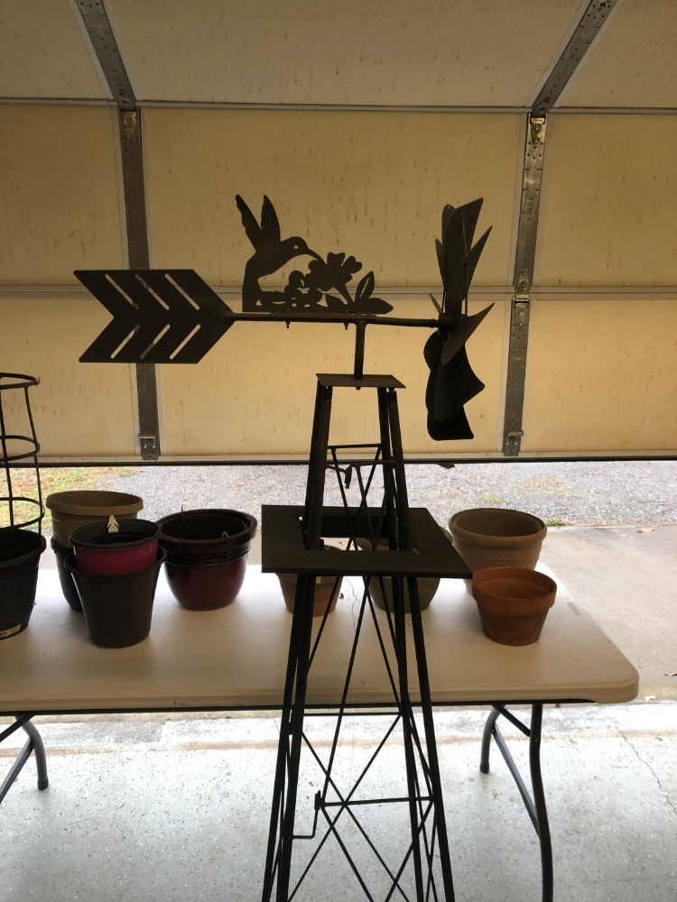 Metal Fabricated Hummingbird Weathervane and Flower Pots