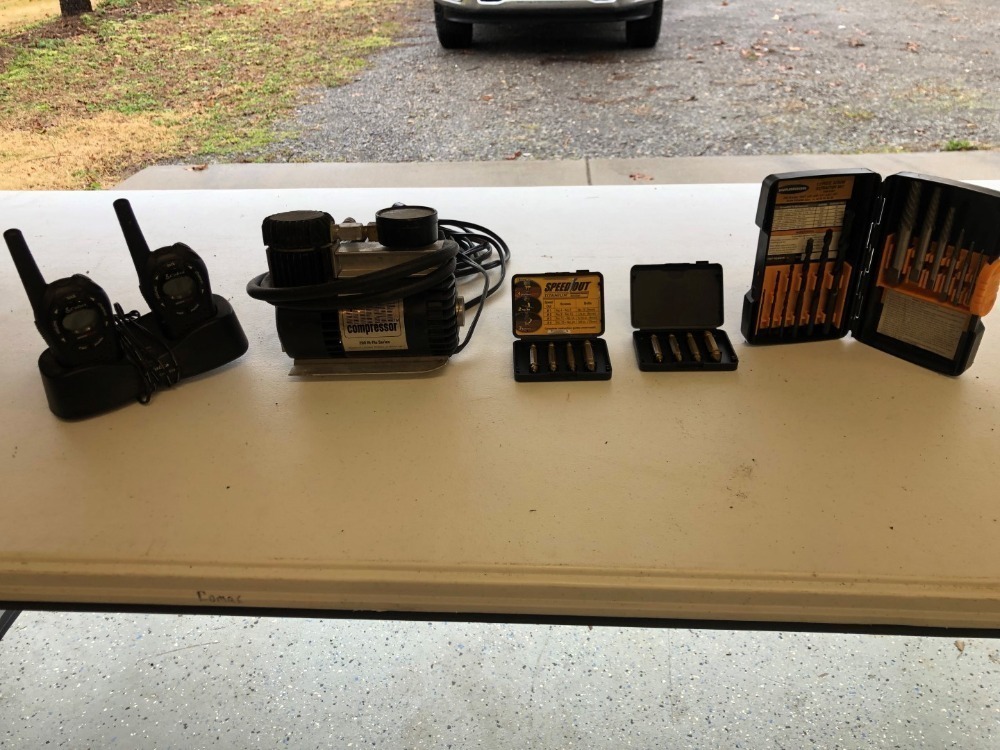 Air Compressor, Radios, and Two Screw Extractor Sets