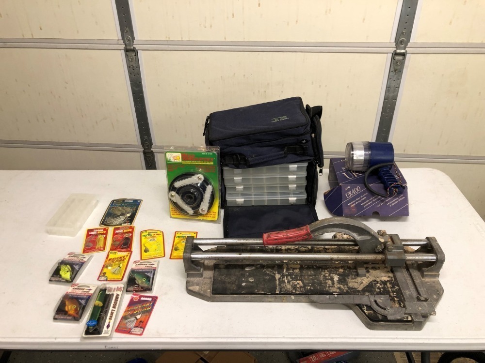 Diving Light, Fishing Tackle Box with Lures, SHI Super Tile Cutter, Assorted Screw Drivers