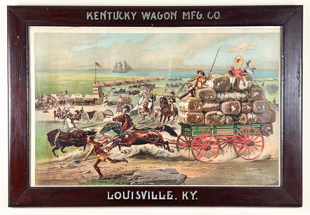Old Hickory Wagons 1880s huge lithograph in factory frame featuring Andrew Jackson at the Battle of New Orleans, from President's Office of the Kentucky Wagon Mfg. Louisville, KY.