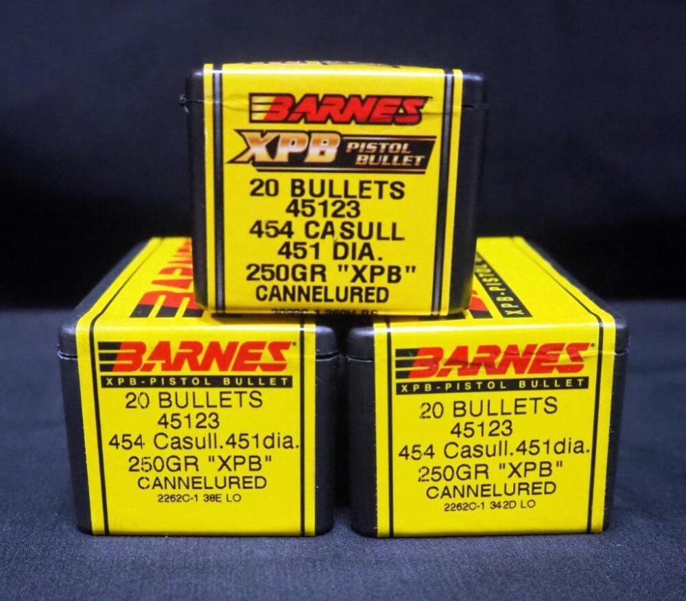 Barnes XPB Pistol Bullet 454 Casull 250 gr XPB Cannelured Bullets, Approx Qty 60 (3 Boxes Of 20)