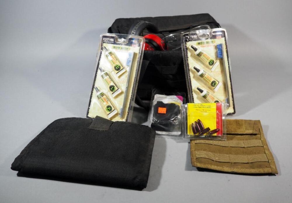 Range Bag With RedHead Ear Protection, Glasses, Snap Caps, Otis Firearm Lubricant, UpLula 9mm To 45 ACP Loader, And Pouches