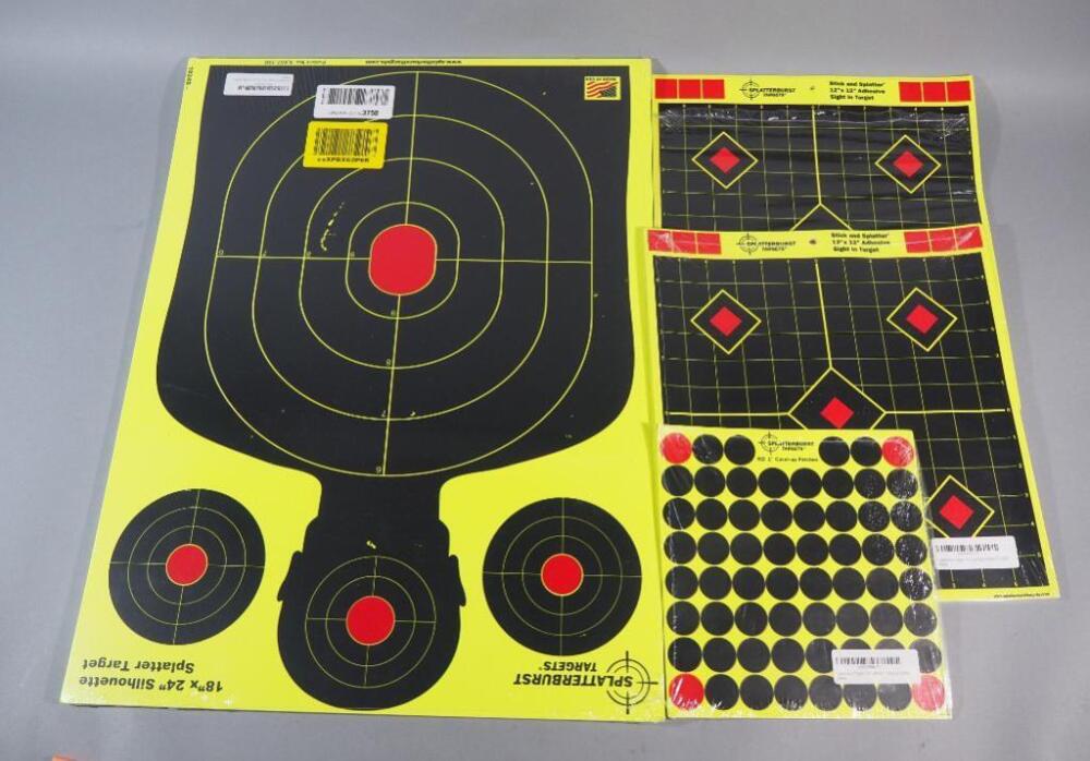 Splatterburst Targets 18"x24" Silhouette Targets (Qty 25), 12"x12" Adhesive Sight In Targets (Qty 49), And 1" Cover-up Patches (10 Pack)