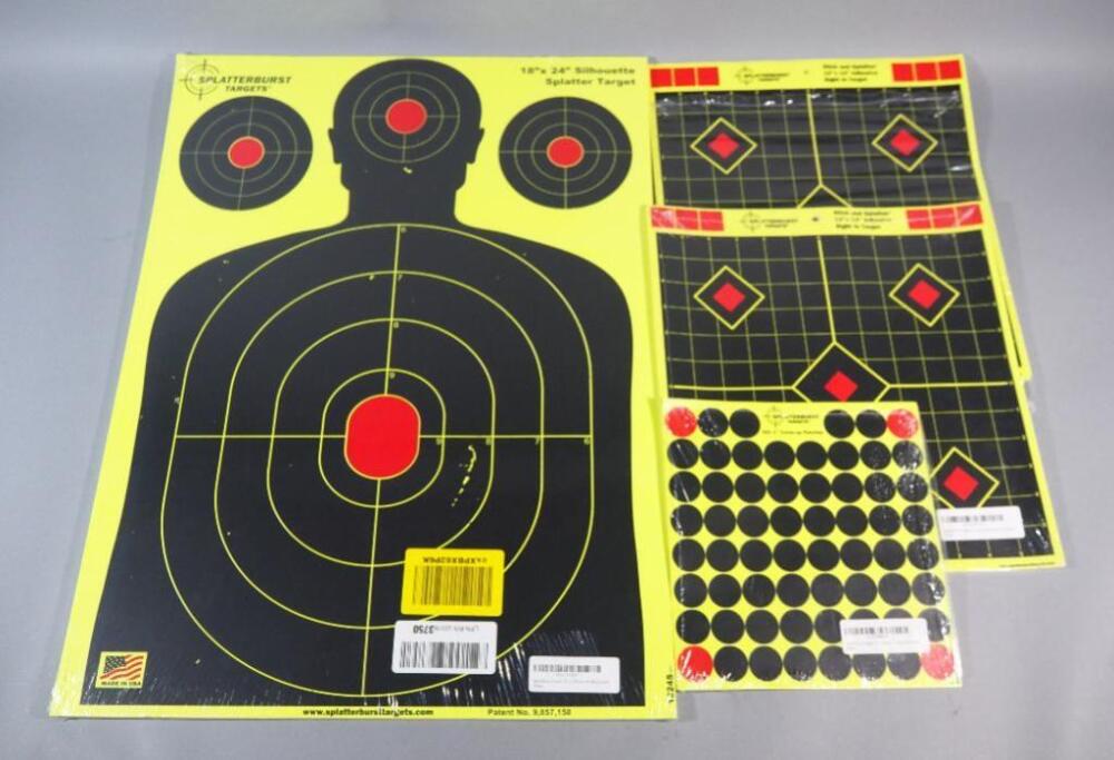 Splatterburst Targets 18"x24" Silhouette Targets (Qty 25), 12"x12" Adhesive Sight In Targets (Qty 49), And 1" Cover-up Patches (10 Pack)