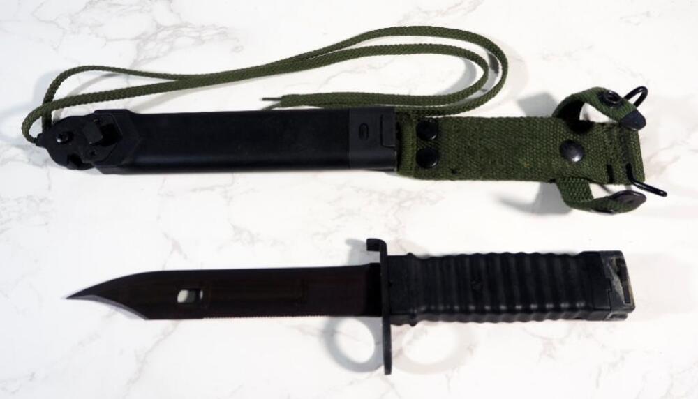 Bayonet With Serrated Back Edge, 6.75" Blade, In Scabbard With Canvas Strap
