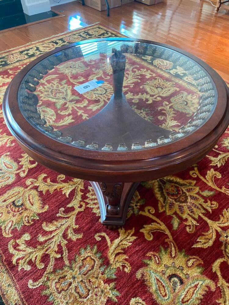 Decorative Wood Round Glass Top Coffee Table-19in T x 42in W x 42in D