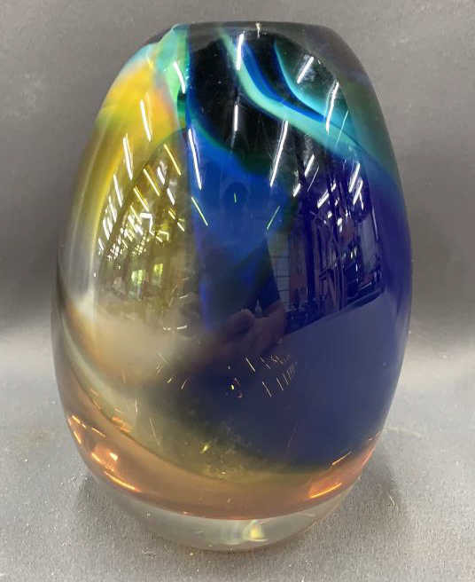 Signed J Schneider Blown Glass Vase 6"