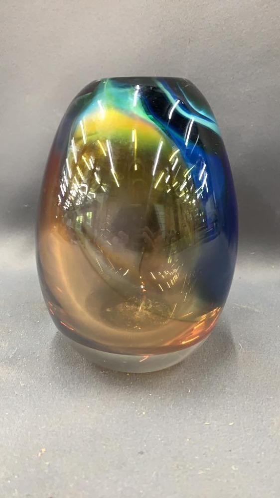 Signed J Schneider Blown Glass Vase 6"