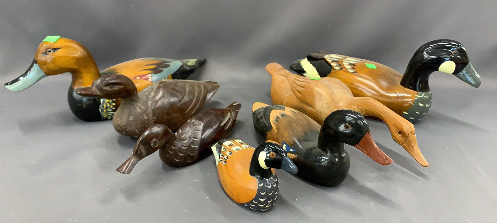 7 Wooden Ducks 16" Of Largest