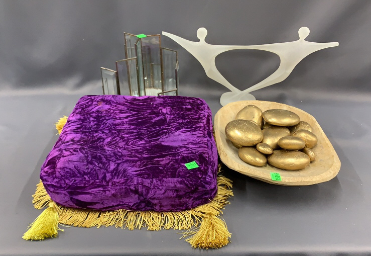 Triple Crystal Beveled Candle Holder, Pillow, Wood