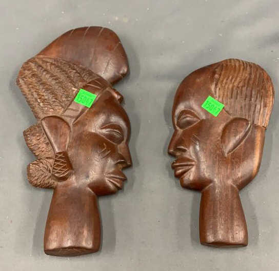 2 African Style Wooden Face Wall Hangings 11"