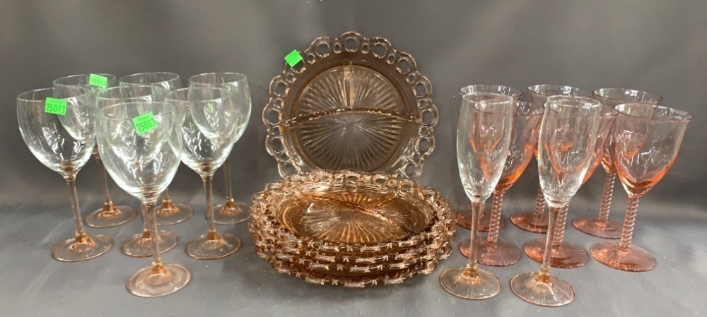 Pink Glass Plates And Stemware