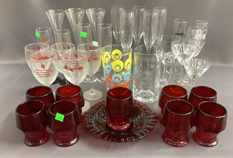 Stemware, Champagne Glasses, Red Glass Plates And
