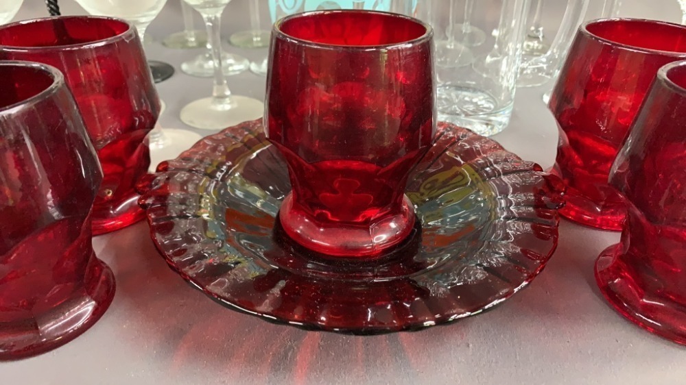 Stemware, Champagne Glasses, Red Glass Plates And