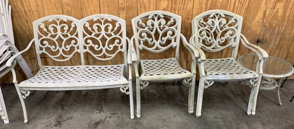Outdoor Metal Bench, 4 Chairs And Side Table