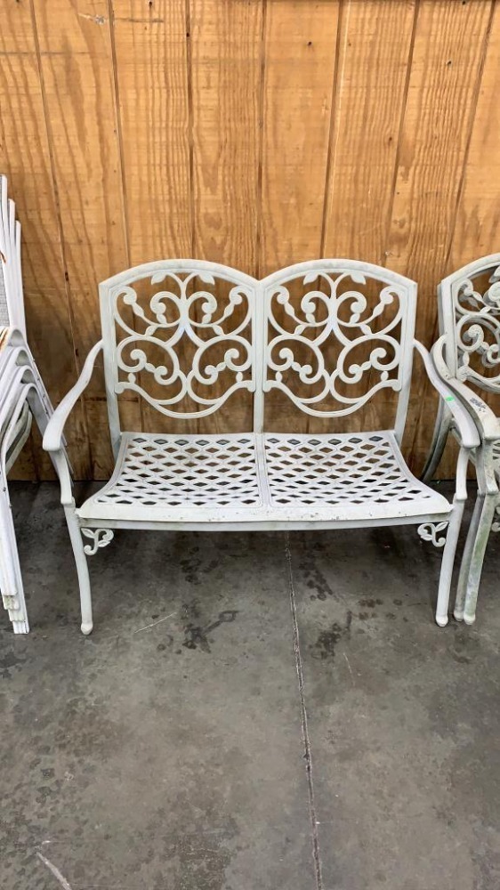 Outdoor Metal Bench, 4 Chairs And Side Table