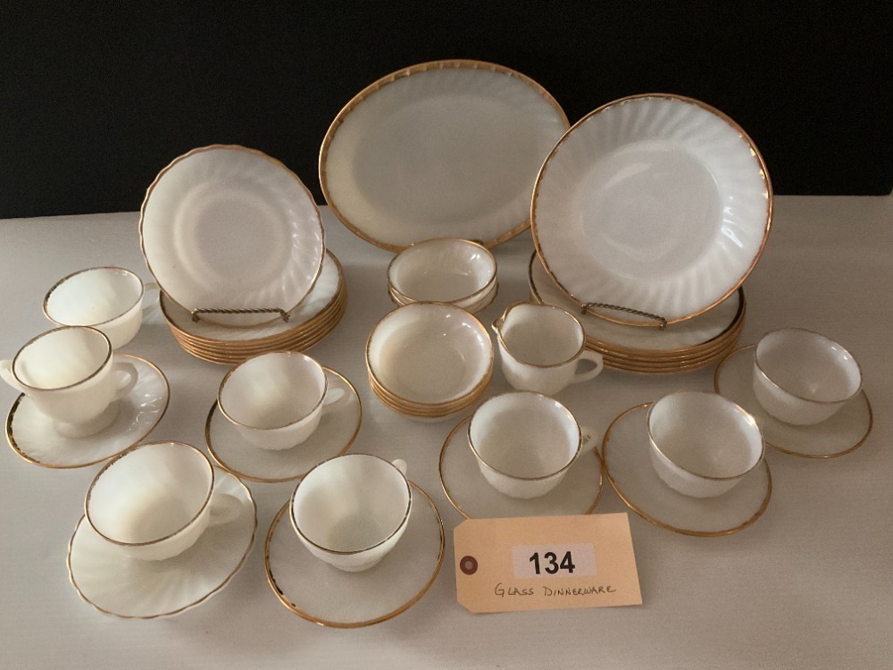 Gold Band Glass Dinnerware 6 Dinner Plates, 7 Salad Plates, 7 Cups/Saucers