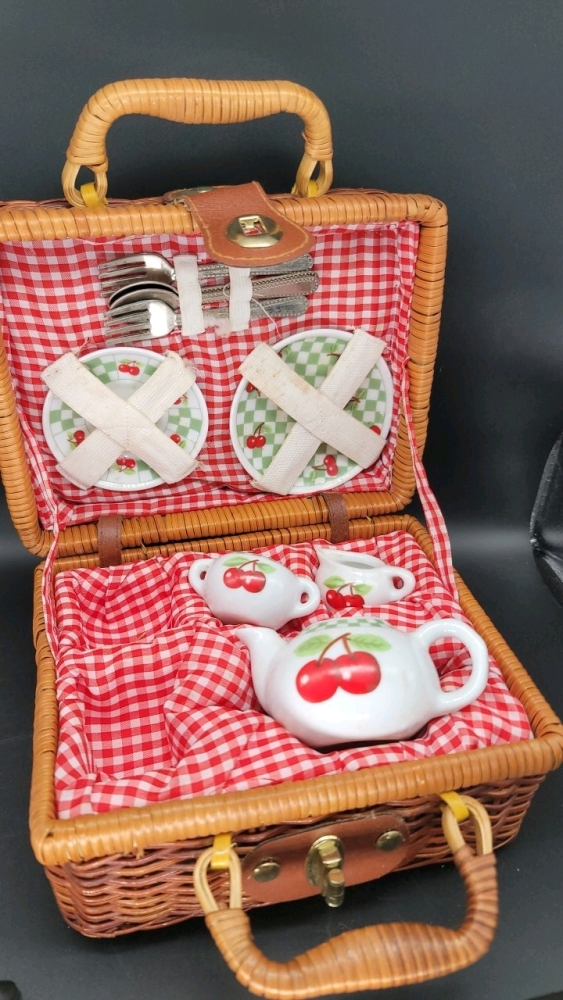 Mini picnic for two: teapot, sugar, creamer, tray, plate, 2 forks, 2 spoons and wicker basket 4" X 7" X 5" -JB
