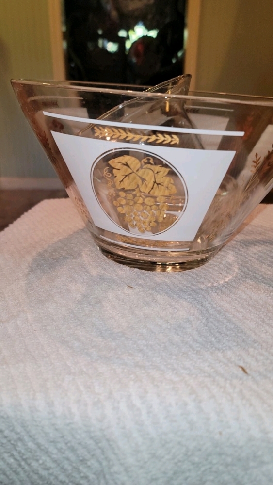 Mid Century Modern gold grape wheat glass bowl, matching small bowl, and hurricane tulip for centerpiece