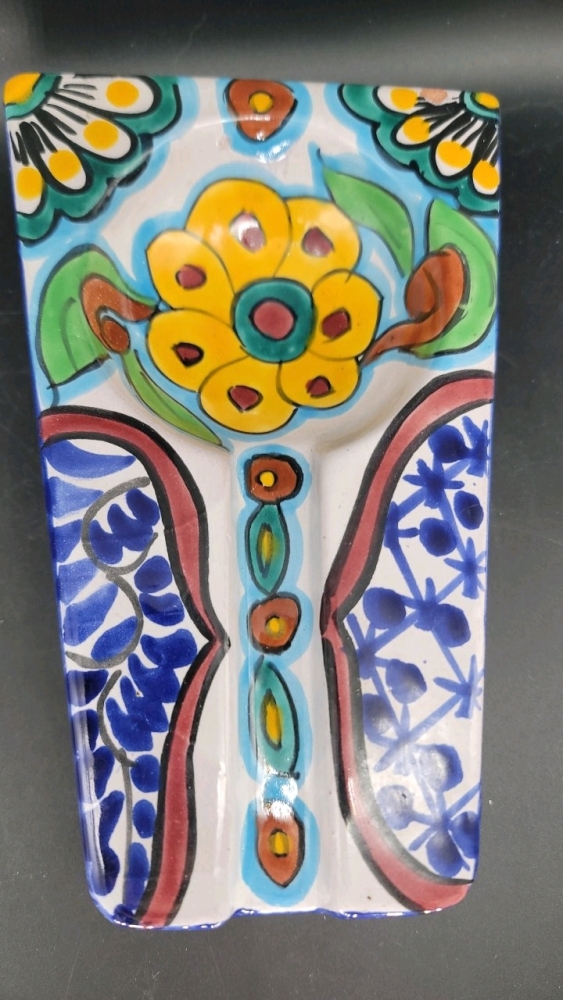 Talavera made in Mexico glazed terra cotta hand painted fountain trough/spoon rest, 1.5" X 4.5" X 8"-JB