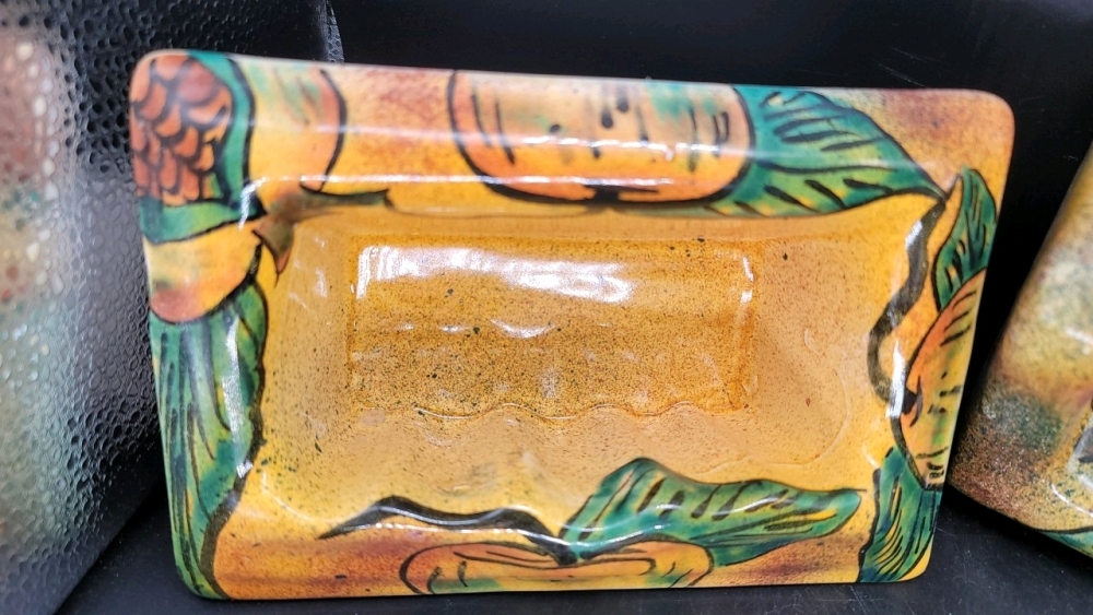 Hand painted made in Mexico glazed ceramic wall mount toilet paper holder and soap dish-JB