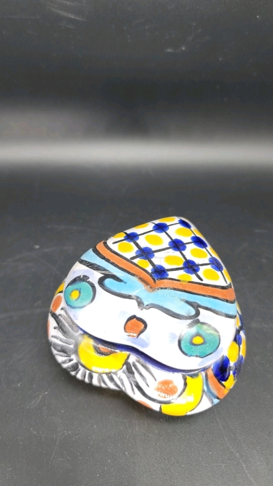 Made in Mexico hand painted heart shaped glazed terra cotta trinket box, 2" X 3.5" X 3.5"-JB