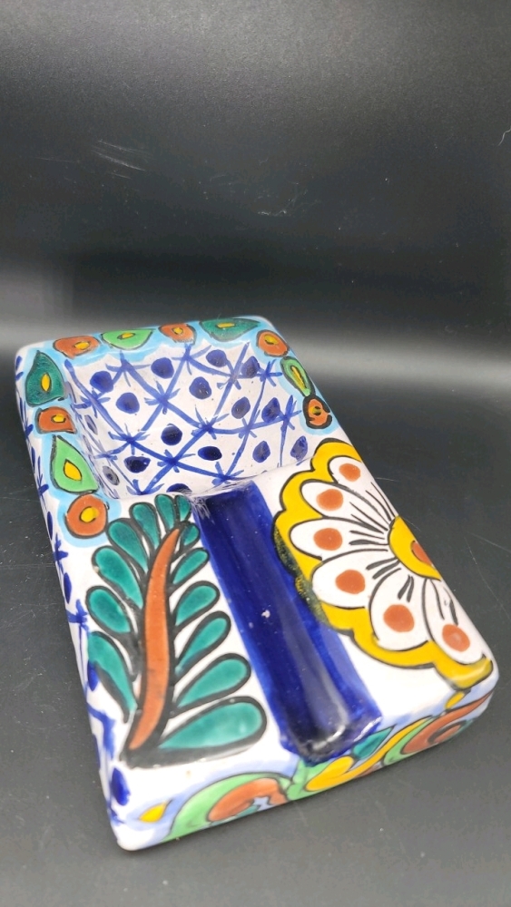 Talavera made in Mexico glazed terra cotta hand painted fountain trough/spoon rest, 1.5" X 4.5" X 8"-JB