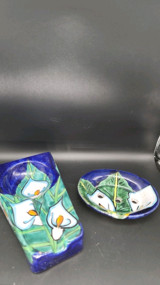 Talavera made in Mexico glazed terra cotta hand painted fountain trough/spoon rest, 1.5" X 4.5" X 8" and soap dish/ tooth brush holder 5.5" X 4.5"-JB