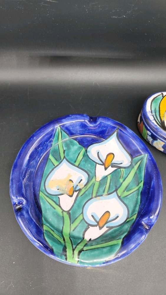 Talavera made in Mexico glazed terra cotta hand painted ashtray 5" and trinket box, 1.5" X 3" X 2.5"-JB
