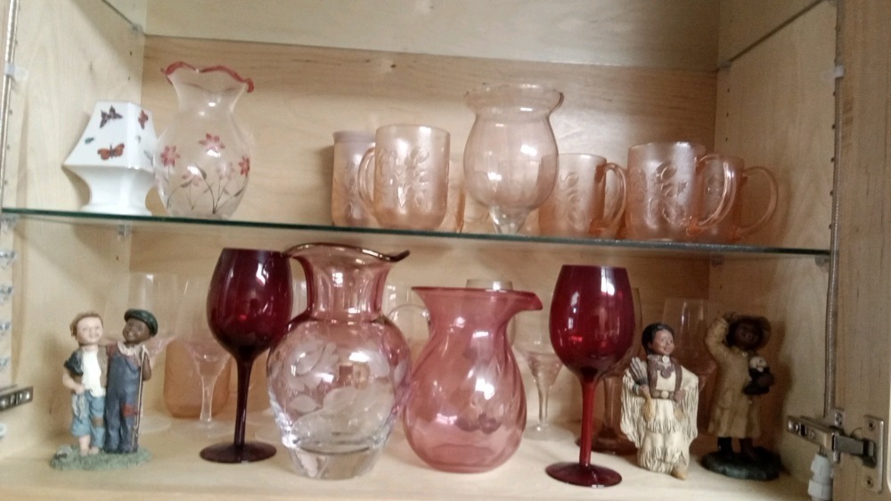 Contents of cabinet, Pink Tinted Glassware & Decor