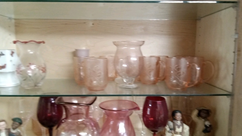 Contents of cabinet, Pink Tinted Glassware & Decor