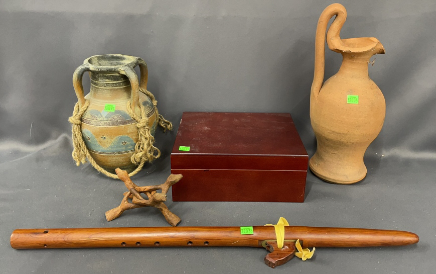 Native American Style Pottery Jug And Wooden Flute