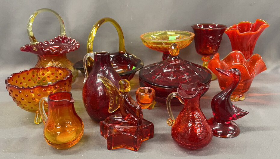 13 Pcs Orange Tone Glassware, 8.5" Of Tallest