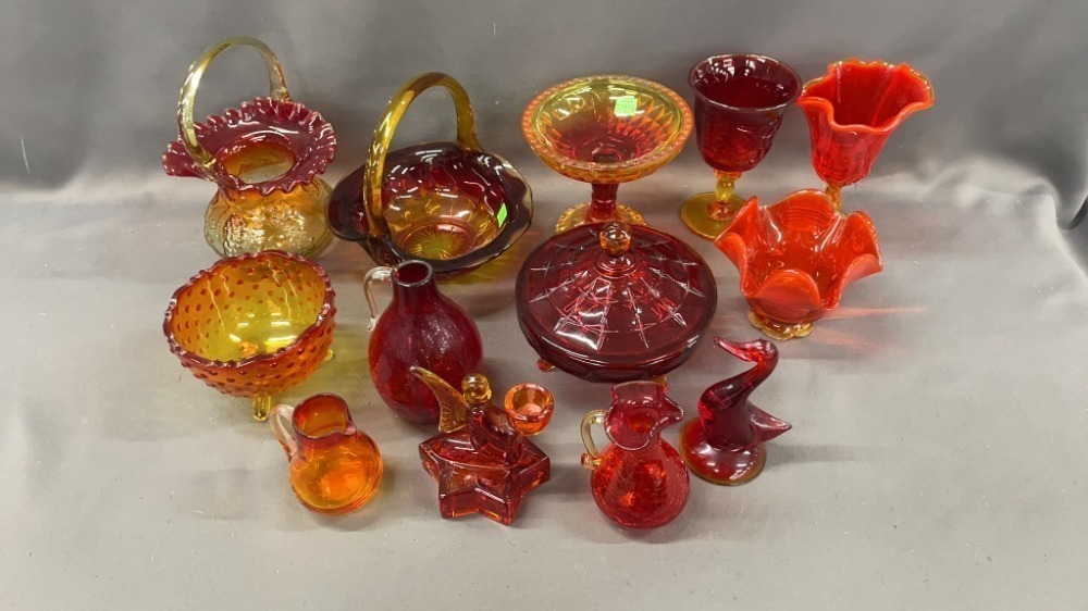 13 Pcs Orange Tone Glassware, 8.5" Of Tallest