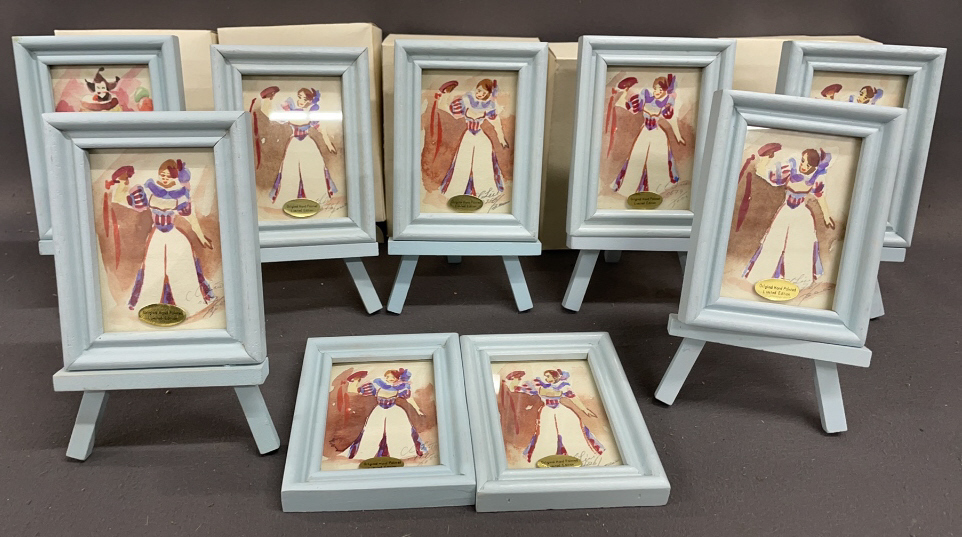 14 Miniature Signed Clown Watercolors And Easel's