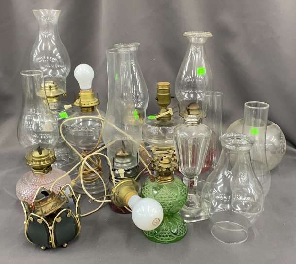 6 Oil Lamp Bases, 2 Lamps, Misc Hurricanes