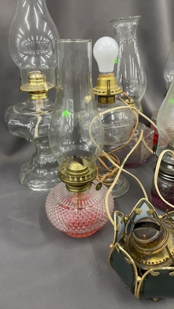 6 Oil Lamp Bases, 2 Lamps, Misc Hurricanes