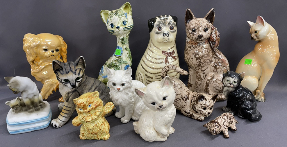13 Cat And Dogs Figurines, 13" Of Tallest