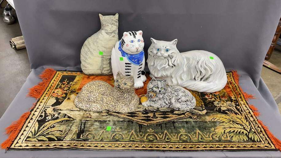 3 Ceramic Cats, Cookie Jar, Pillow, Tapestry