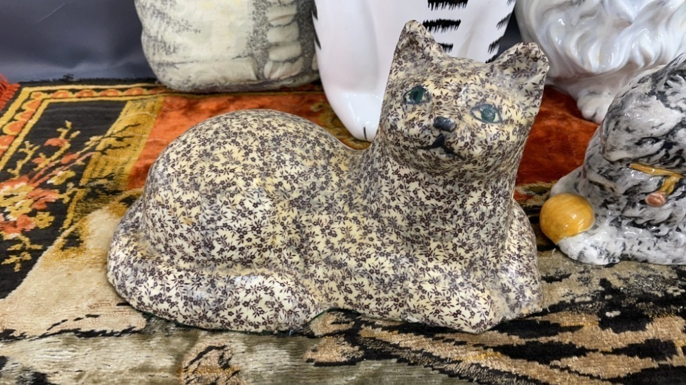 3 Ceramic Cats, Cookie Jar, Pillow, Tapestry