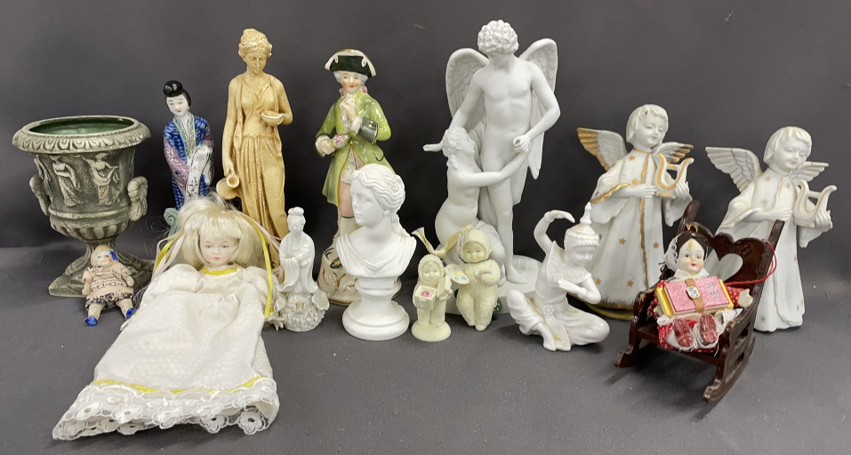 11 Figurines, Small Decorative Urn, Dolls