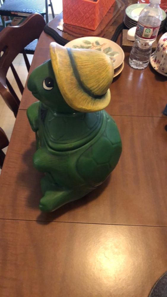 Handmade green turtle cookie jar